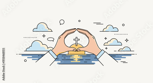 Two hands forming a heart shape around a cross, illustrated in a minimalist style with soft colors, ideal for faith-based themes