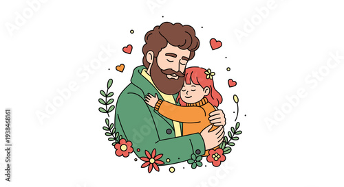 A heartwarming illustration of a father embracing his daughter, featuring a playful, colorful style with floral elements