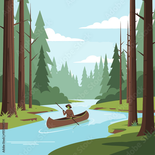 Canoeing Through the Forest: A serene scene of a lone canoeist gliding gracefully along a calm river, flanked by towering trees. This evokes a sense of peace and exploration amidst nature's grandeur.