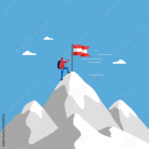 Triumph at the Summit: A determined figure stands atop a snow-capped mountain, triumphantly planting a flag amidst a clear blue sky. Symbolizing ambition, perseverance, and the conquest of challenges.