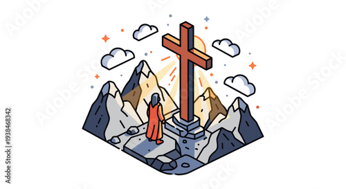 A person standing before a large cross on a mountain, illustrated in a modern, flat style, symbolizing faith and spirituality