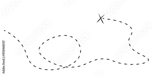 Abstract treasure map element. A dashed line and black X mark ink on the map. old pirate letter.