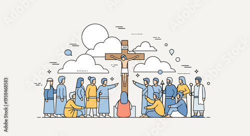 A vibrant illustration depicting a religious scene with figures gathered around a cross in a minimalist style