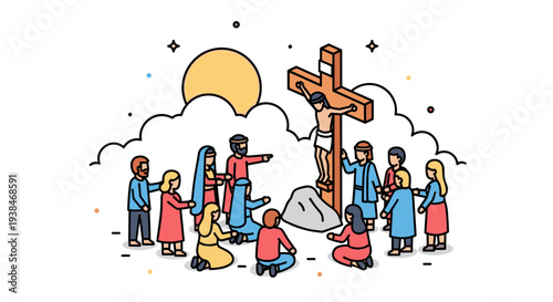 A colorful illustration depicting a scene of the crucifixion with onlookers, featuring a modern flat style, suitable for religious themes