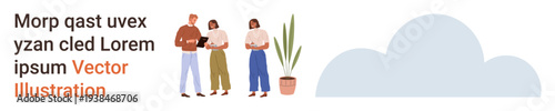 Teamwork, collaboration, communication, cloud storage, digital teamwork, modern office. Group of diverse individuals standing next to a plant and a cloud icon. Teamwork and collaboration concept