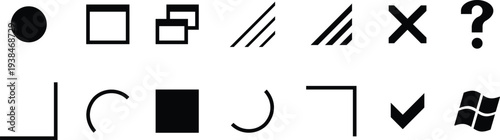 User interface icons set for actions, shapes, and system controls. Minimal symbols including checkmark, close, help, windows, and geometric elements. Clean UI graphics for apps, dashboards, 