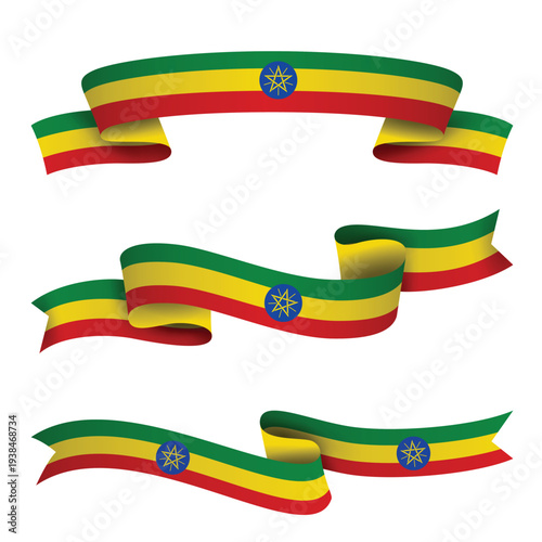 ETHIOPIA Ribbon Flag Set, ETHIOPIA National Flag Banner Collection with Wavy Ribbon Design