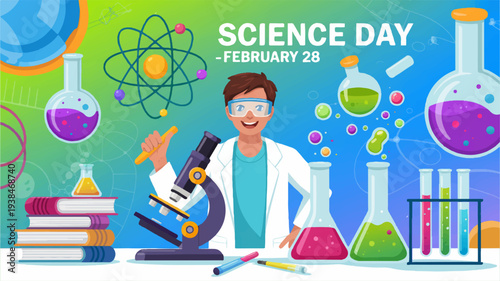 Female scientist surrounded by lab equipment and science elements celebrating science day on february 28 in a vibrant flat vector illustration