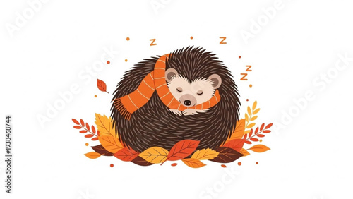 Cute cartoon hedgehog sleeping under autumn leaves with falling stars background
