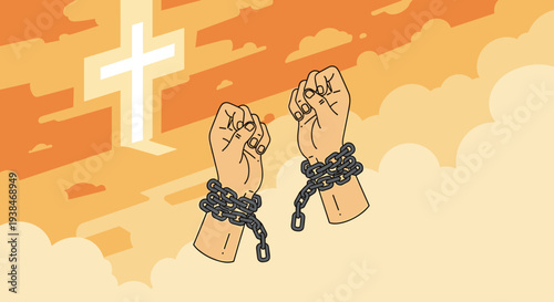 Illustration of hands breaking free from chains against a sunset backdrop, featuring a cross in the sky, modern flat style