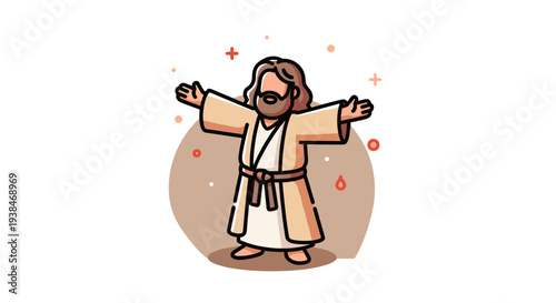 A stylized illustration of a figure with open arms, featuring a minimalist design and warm colors, suitable for religious themes