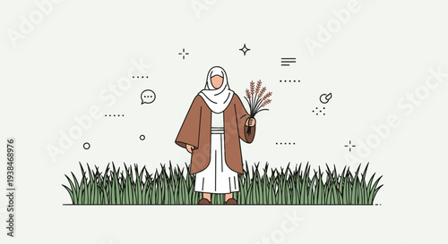 A woman in a hijab holding flowers, surrounded by grass and minimalist design elements, perfect for cultural themes