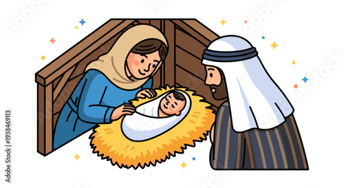 A serene nativity scene featuring Mary, Joseph, and baby Jesus in a stable, illustrated in a colorful flat style