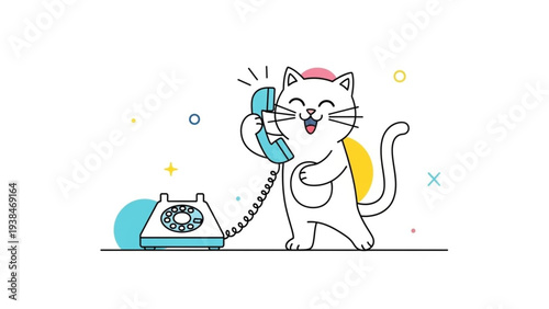 Cute white cat talking on retro blue telephone cartoon vector illustration happy communication