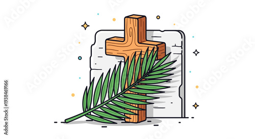 A wooden cross resting on a stone with a palm leaf, illustrated in a modern, colorful style, perfect for religious themes