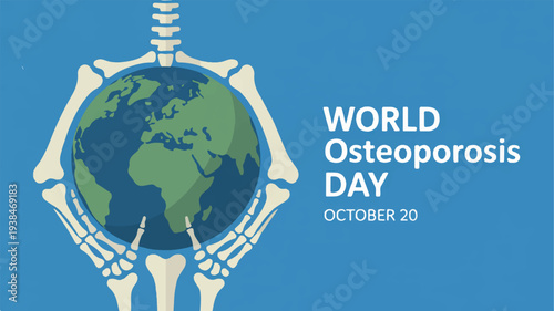 World osteoporosis day illustration with global awareness symbol and skeletal structure on blue background