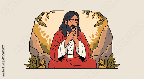 A serene illustration of a meditating figure surrounded by nature, featuring a modern flat design style