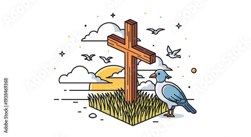 A wooden cross surrounded by grass and birds, illustrated in a modern flat style, ideal for religious themes