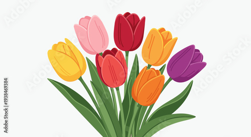 A vibrant bouquet of tulips in various colors, featuring a flat design style, ideal for floral-themed projects