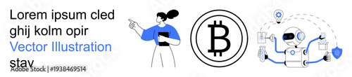 Blockchain, digital currency, financial technology, artificial intelligence, fintech, investment. Person holding tablet, Bitcoin logo AI robot with tech elements. Blockchain and fintech concepts