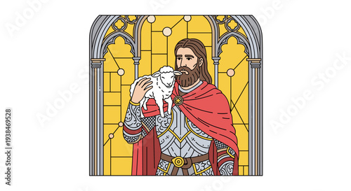 A regal figure holding a lamb, illustrated in a modern flat style with a stained glass backdrop
