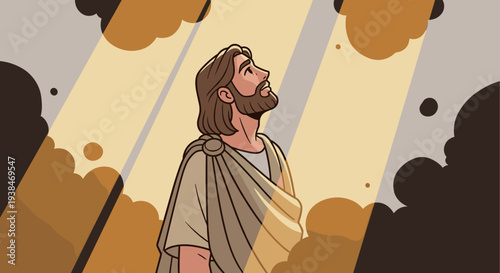 A stylized illustration of a man in a toga, bathed in light rays, showcasing a modern, minimalist design