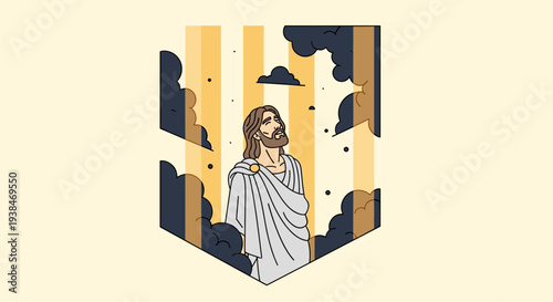 A stylized illustration of a figure with long hair and robes, set against a geometric background with clouds and rays, modern style
