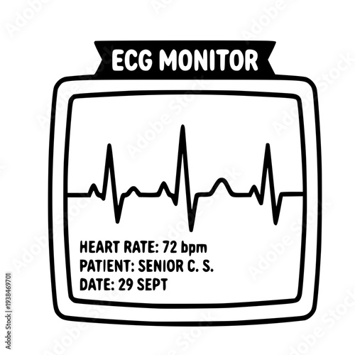ECG Monitor Display with Heart Rate Pulse Illustration, Medical Cardiology Diagnostic Screen, Electrocardiogram Patient Monitoring Line Art