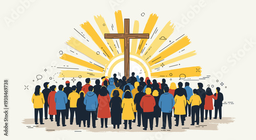 A diverse group of people gathered in front of a large cross with radiant beams of light, illustrated in a modern style