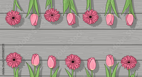 A vibrant collection of pink flowers arranged on a wooden background in a modern, flat style