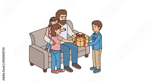 A family joyfully exchanging gifts while sitting on a couch, illustrated in a modern, flat style