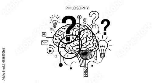 Brain with question marks and symbols.