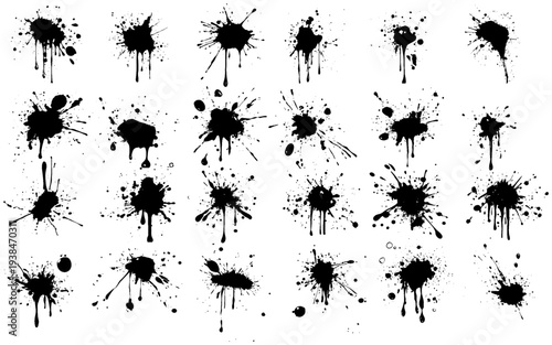 Ink drops and splashes. Illustrated ink spots, set of blots collection in black and white.