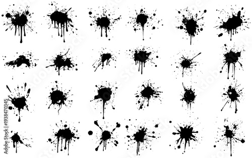 Set of vector brushes. Mega pack set of different brush splash. Big collection of black splash paint. Ink drops and splashes.