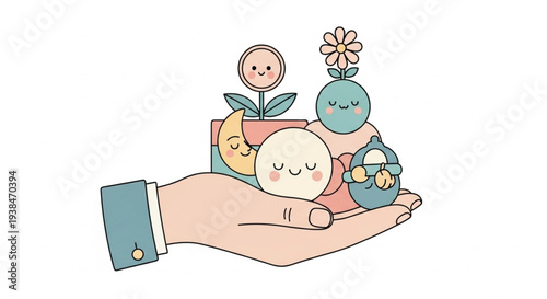 Sleeping baby with cute stuffed toys and book in cozy nursery bedtime scene illustration