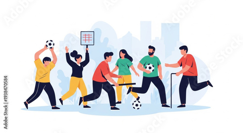 Diverse team celebrating victory with soccer ball in office break room