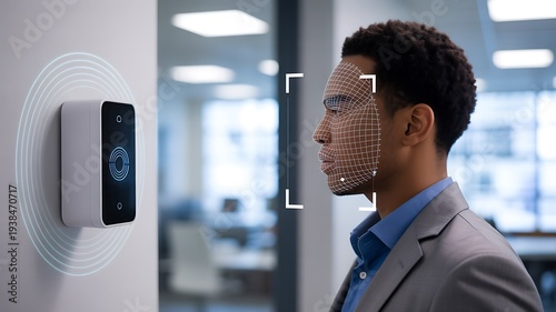 Facial recognition biometric access system scanning man face for digital identity verification