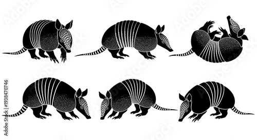 Armadillo Set: Six Silhouettes in Various Poses, Black and White Illustration