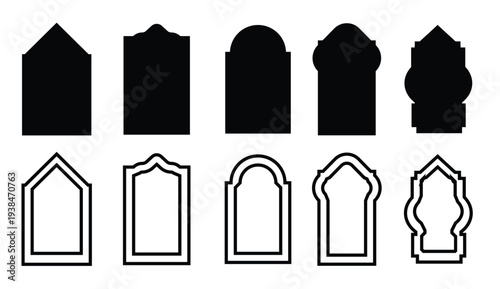 Collection of islamic arch designs mosque windows and door frames in black silhouette for religious and cultural themes and ramadan decoration.
