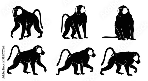 Baboon Silhouette Collection: Walking, Sitting, and Moving Poses