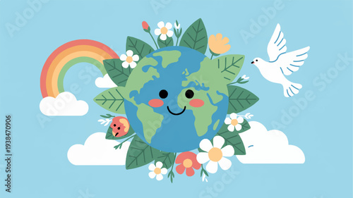 Smiling planet earth surrounded by lush green leaves and vibrant flowers with a dove flying nearby under a rainbow