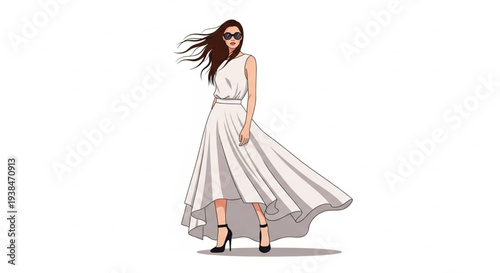 Elegant woman in flowing white chiffon dress walking outdoors with wind-blown hair and high heels