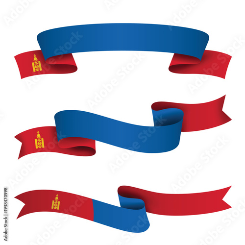 MONGOLIA Ribbon Flag Set, MONGOLIA National Flag Banner Collection with Wavy Ribbon Design