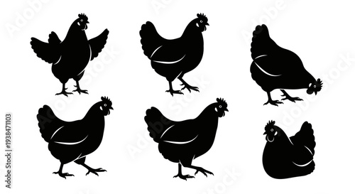 Black Chicken Silhouettes Collection: Various Poses of Farm Birds on White Background