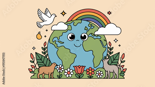 Smiling cartoon earth surrounded by lush greenery and animals under a vibrant rainbow with clouds stars and a dove in a whimsical illustration