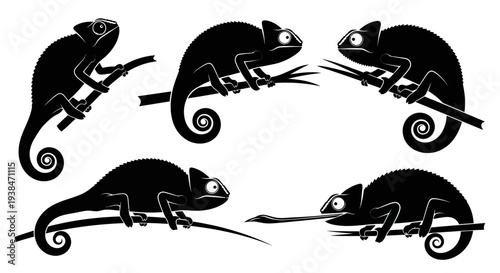 Black Chameleon Silhouettes on Branches - Set of Five