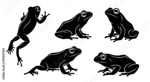 Black Frog Silhouettes Collection: Climbing, Sitting, and Crouching Poses