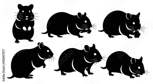 Black Hamster Silhouettes Collection: Various Poses, Cute Rodent Icons