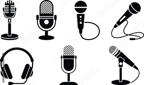 Microphone and headset icons collection, podcast audio recording equipment set, broadcast studio microphones silhouettes, communication media sound technology illustration