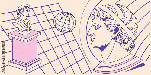 Retro futuristic set. Modern sculpture and statue, surreal geometric shapes, wireframe, cyberpunk elements and perspective grids. Abstract vector illustration in trendy psychedelic techno style. icon